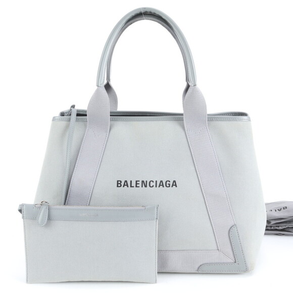 BALENCIAGA Handbags - Balenciaga Navy Cabas 581292 Leather Canvas Tote Bag Shoulder Handbag Gray Wo...